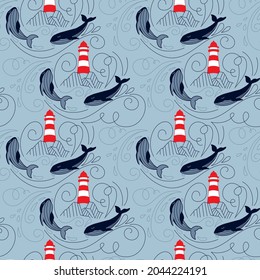 Lighthouse waves and whales. Seamless pattern in nordic style for fabric, wallpaper, apparel. Vector.