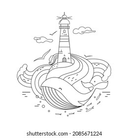  A lighthouse and a whale . Contour picture for coloring.