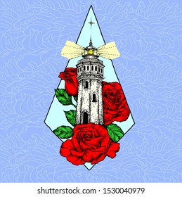 lighthouse whit roses vector vintage