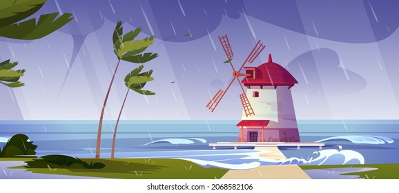 Lighthouse wind mill on sea at storm, beacon windmill building at nature ocean landscape with splashing water waves and bent palm trees under dull cloudy sky and rain, Cartoon vector illustration