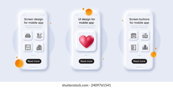 Lighthouse, Window and Arena line icons pack. 3d phone mockups with heart. Glass smartphone screen. Sports stadium, Hospital building, Open door web icon. Market sale, Agent pictogram. Vector