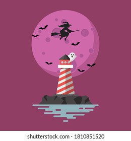 Lighthouse with witch flying over the moon. Vector illustration