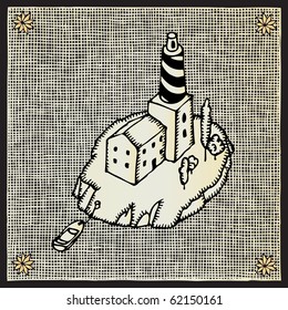 lighthouse woodcut