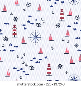 Lighthouse, yacht and fish vector illustration. Red beacon on waves seamless pattern. Marine sailing on yacht with red sail, anchor and helm equipment. Coastal beacon. Lighthouse and school of fish