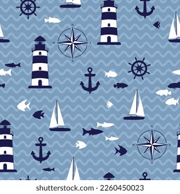 Lighthouse, yacht and fish vector illustration. Blue beacon on waves seamless pattern. Marine sailing on yacht, anchor and helm equipment. Coastal beacon. Lighthouse on sea. School of fish in ocean