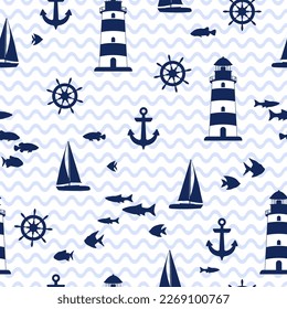 Lighthouse, yacht and fish vector illustration. Beacon on waves seamless pattern. Marine sailing on yacht, anchor and helm equipment. Coastal beacon. Lighthouse, sea waves. Fishes, water ripple