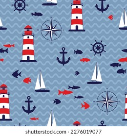 Lighthouse, yacht and fish vector illustration. Red beacon on waves seamless pattern. Marine sailing on yacht, anchor and helm equipment. Coastal beacon. Lighthouse on sea. School of fish in ocean