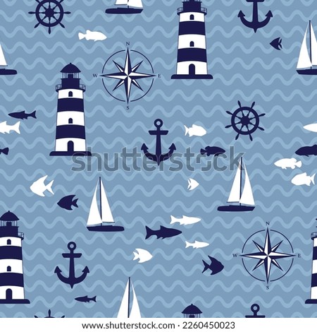Lighthouse, yacht and fish vector illustration. Blue beacon on waves seamless pattern. Marine sailing on yacht, anchor and helm equipment. Coastal beacon. Lighthouse on sea. School of fish in ocean