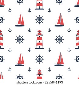 Lighthouse and yacht vector illustration. Beacon nautical seamless pattern. Marine sailing on yacht, anchor and helm equipment. Coastal beacon. Red lighthouse endless ornament. Boat regatta.