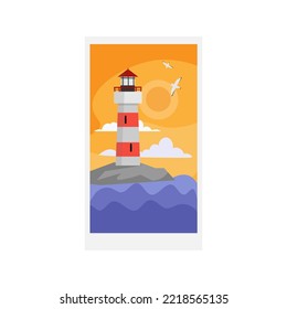 lighthouse with yellow sky and seagulls