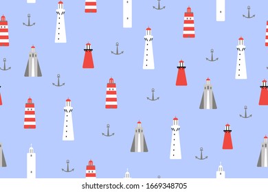 Faros y anclajes sin fisuras sobre fondo azul claro. Excelente para textil, banner, envoltura.