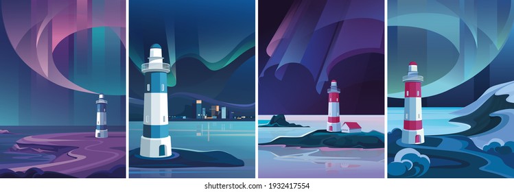 Lighthouses in the background of aurora borealis. Collection of northern landscapes.