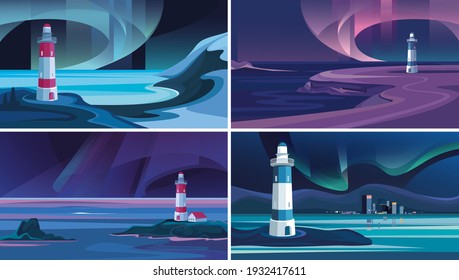 Lighthouses in the background of northern lights. Collection of northern landscapes.