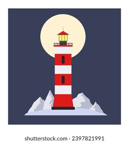 Tarjeta de faros. Ilustración vectorial de los faros planos de dibujos animados. Faro y arquitectura marina de estilo plano. Torres de alumbramiento