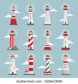 Lighthouses with clouds flat vector illustrations set. Traditional coastline architecture buildings isolated on blue background. Cartoon beacons with beaming light, symbols of hope stickers collection