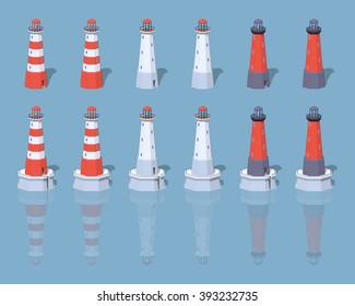 Lighthouses collection. 3D lowpoly isometric vector illustration. The set of objects isolated against the blue background and shown from two sides