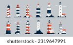 Lighthouses collection. Cartoon nautical navigation light tower, lighthouse beacon and light house symbol, marine seaside architecture flat style. Vector set of lighthouse nautical to navigation