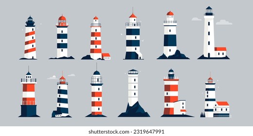 Lighthouses collection. Cartoon nautical navigation light tower, lighthouse beacon and light house symbol, marine seaside architecture flat style. Vector set of lighthouse nautical to navigation