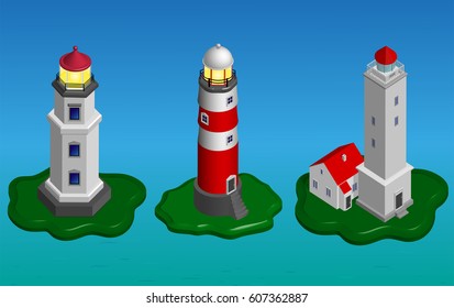 Lighthouses collection. Isometric vector illustration. The set of objects isolated against the blue background.