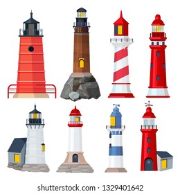 Lighthouses collection. Night sailing building in seaport security searchlights vector illustrations