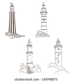 Lighthouses - four vector illustrations isolated on white in vintage style.