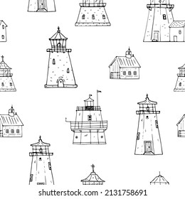 Lighthouses hand drawn ink sketch vector collection.