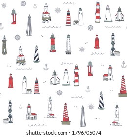 Lighthouses. Hand drawn sea seamless vector pattern.
