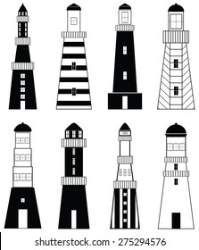 Lighthouses icons with vary stripes , shapes and windows elements in black and white design
