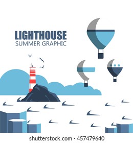 Lighthouses illustration. Design elements and icons in flat style. Cartoon lighthouse, balloons, clouds.