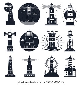 Lighthouses logo. Nautical vintage label, sea beacons, ocean with waves and seagulls. Night lighthouse tower, navigation building vector set. Lighthouse nautical logo, travel beacon black
