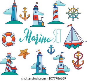 Conjunto de Vectores de faros y atributos marinos: anclas, anillo de vida, estrella de mar, nubes, barco y volante. Colorido Vector soleado conjunto de ilustraciones de mar 