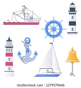 Lighthouses and marine attributes vector set anchors,lighthouse ship and steering wheel