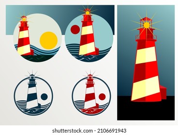 Lighthouses and ocean waves retro nautical logos set. Lighthouse vector marine vintage labels. Lighthouse and beacon building in sea illustration
