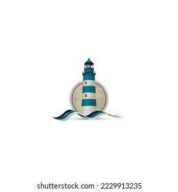 Lighthouses and ocean waves.Lighthouse logo template. Building of lighthouse logo vector Lighthouse, Beacon logo icon. Vector Illustration. Modern linear simple logotype template. 