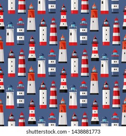 Lighthouses on blue background. Seamless pattern. Design element for fabric, gift wrap or wallpaper. Flat design.