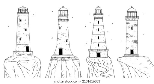 Lighthouses on the rock in retro style. Set black white signal towers vector line sketch isolated illustrations.