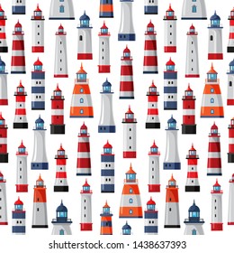 Lighthouses on white background. Seamless pattern. Design element for fabric, gift wrap or wallpaper. Flat design.
