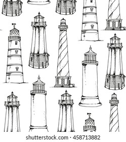 Lighthouses pattern, seamless sea travel vector background
