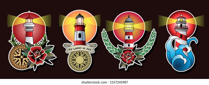 Lighthouses, Roses and Compasses Traditional Tattoo Art Designs