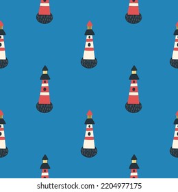 Lighthouses in the sea. Seamless pattern, vector illustration