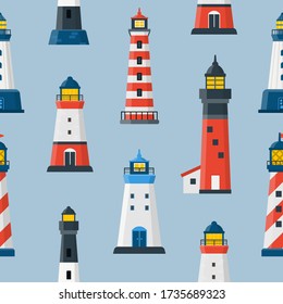 Lighthouses seamless pattern. Blue, red beacon seamless background. Vector print of light housesand sea towers.