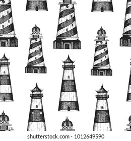 Lighthouses seamless pattern. Hand drawn vector illustration. Retro lighthouse design. Engraved style.