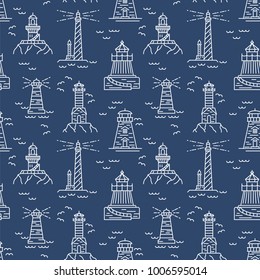Lighthouses seamless pattern. Thin line vector design. Illustration