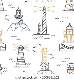 Lighthouses seamless pattern. Thin line vector design. Illustration