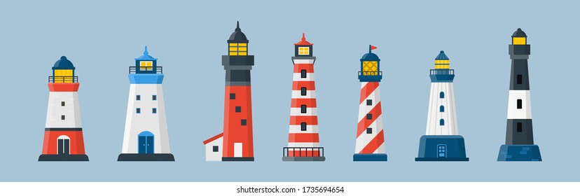 Lighthouses set. Cartoon blue, red sea towers collection. Flat light houses and navigation. Vector illustration clip-art