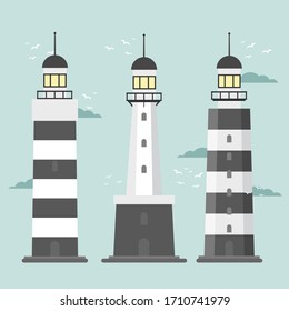 Lighthouses. Set of of large lighthouses over blue background. Vector flat design illustration.