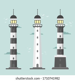 Lighthouses. Set of of large lighthouses over blue background. Vector flat design illustration.