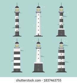 Lighthouses. Set of of large lighthouses over blue background. Vector flat design illustration.