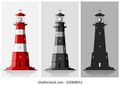 Lighthouses. Set of of large lighthouses over grey background
