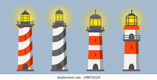 Lighthouses with shining light. Set of red-white architectural buildings of the coastline. Boat rescuer
